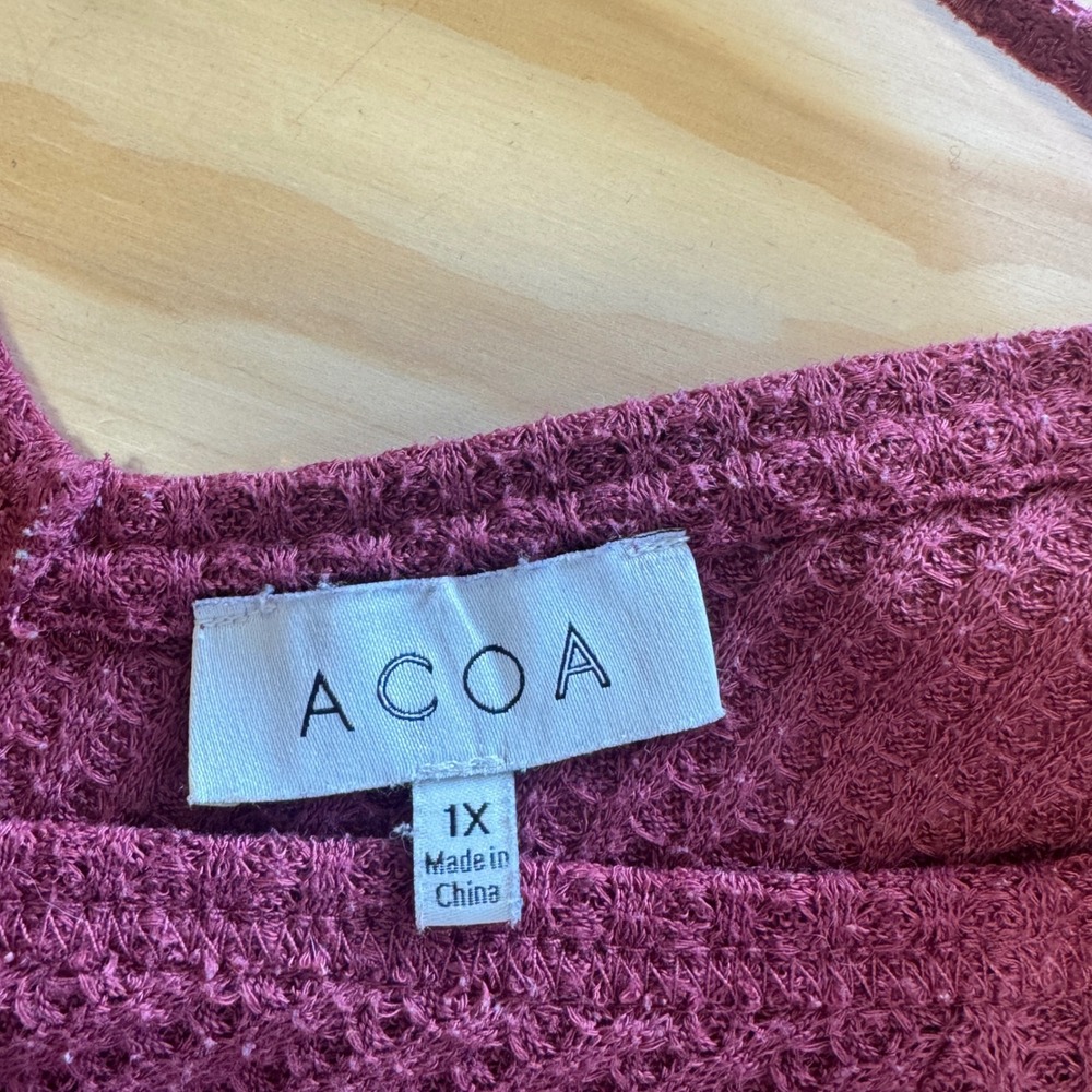 ACOA Burgundy Waffle Knit Plaid Balloon Sleeve Tie Back Top Plus Size 1X Relaxed - Picture 4 of 6